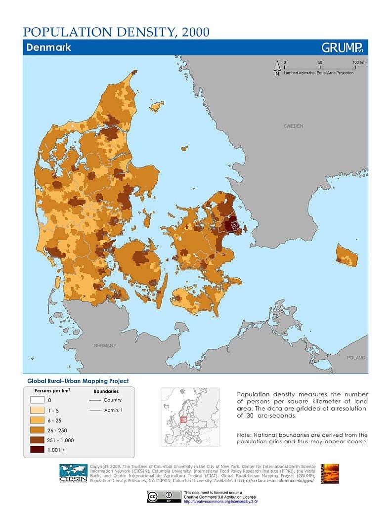 dinamarca densidade de poboación mapa